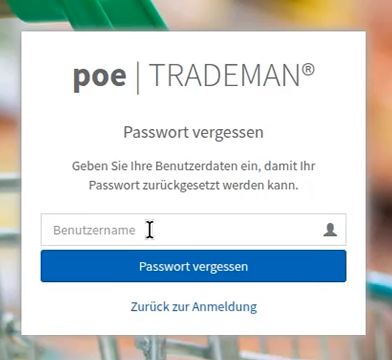 Ansicht der Eingabemaske, in der der Benutzer seinen Benutzernamen eingibt, um den automatischen Passwort-Reset per E-Mail anzufordern.