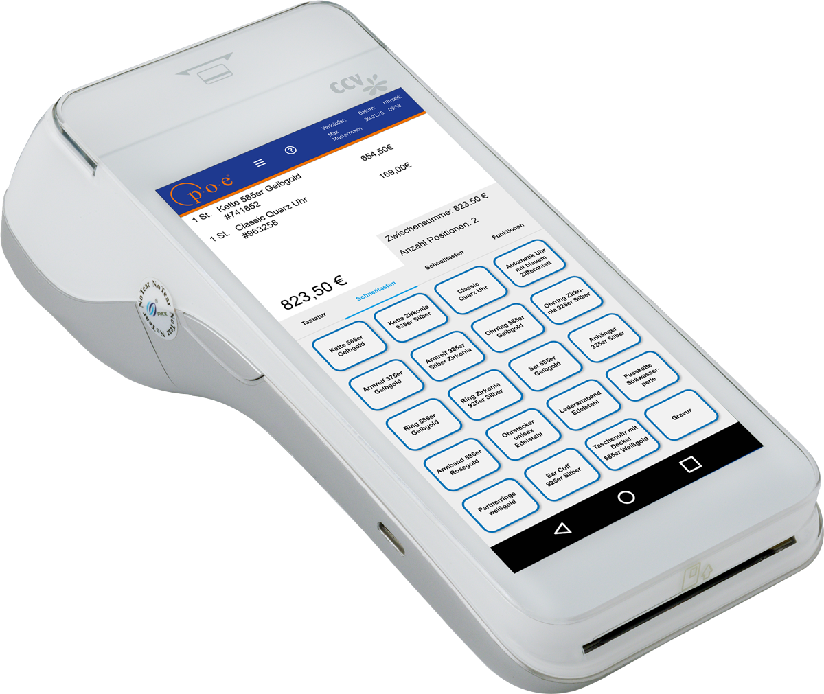 Abbildung der POSMANpop Hardware mit integriertem Terminal, die die Weboberfläche der mobilen Kassensoftware zeigt.