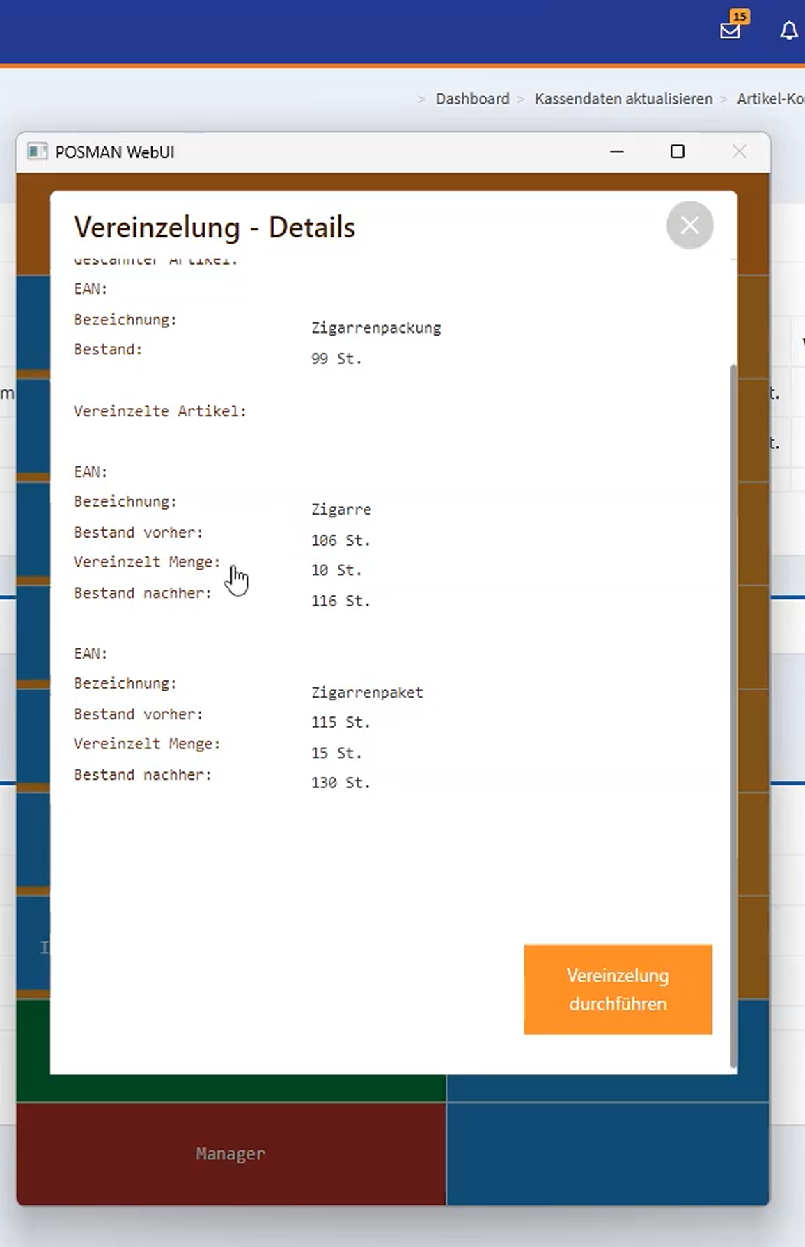 Screenshot der Vereinzelungsdetails am MDE-Gerät mit Übersicht zu Bestand und Zielartikel