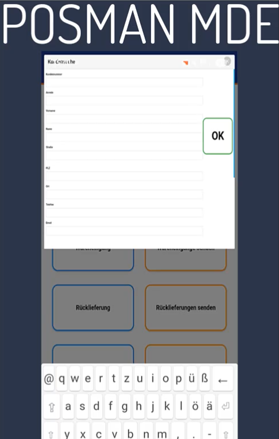 POSMANmde Kundensuche: Auswahl eines Bestandskunden auf dem MDE-Gerät zur Personalisierung der mobilen Verkaufsvorbereitung.