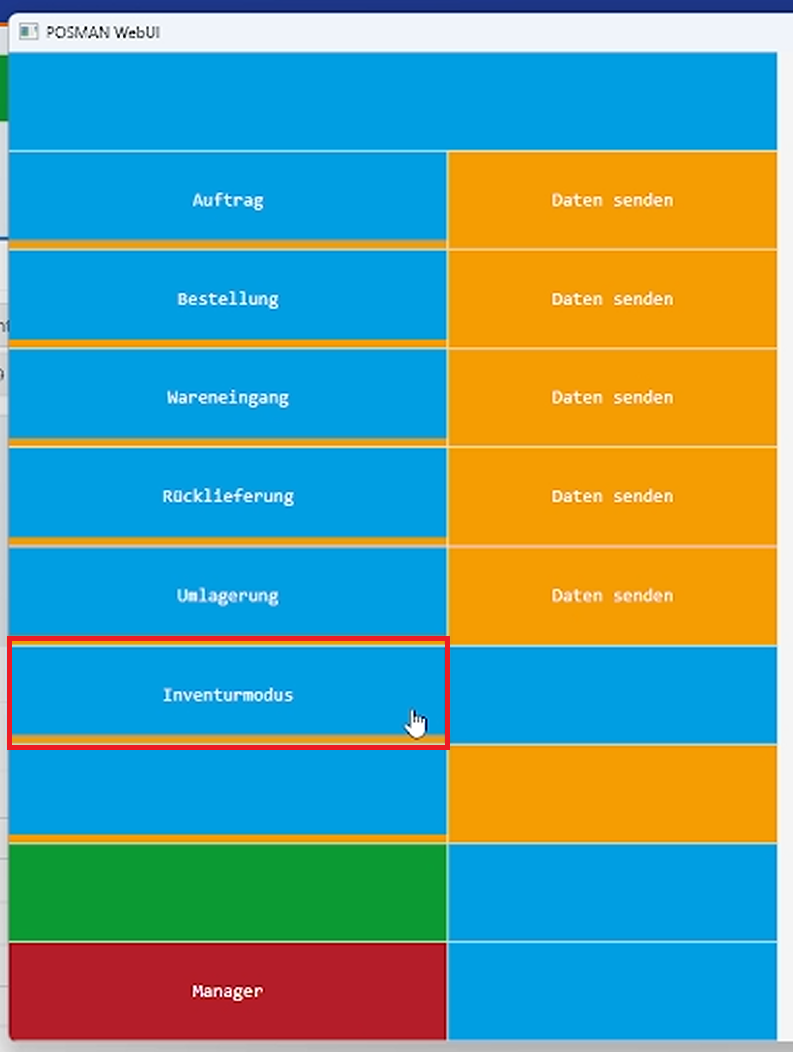 MDE-Geräte-Oberfläche: Auswahl des Inventurmodus nach Eingabe der Lager- und Inventurnummer
