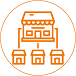 Orangefarbenes Icon eines zentralen Hauses, das mit drei kleineren Läden verbunden ist – Darstellung der Vernetzung in einem Franchise-System.